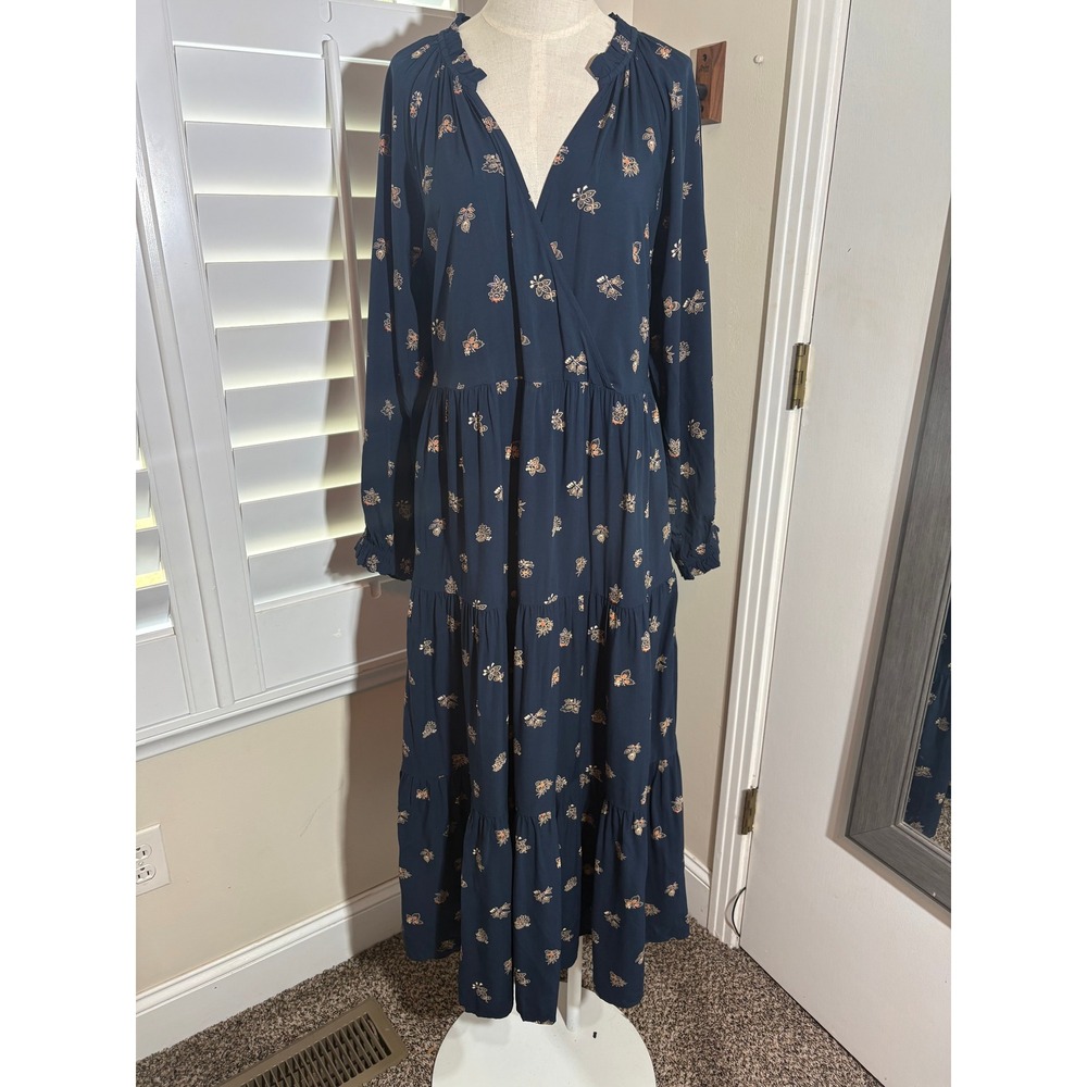 Madewell Boho Challis Midi Dress XS-M Indigo Floral Pockets Tiered Cottagecore